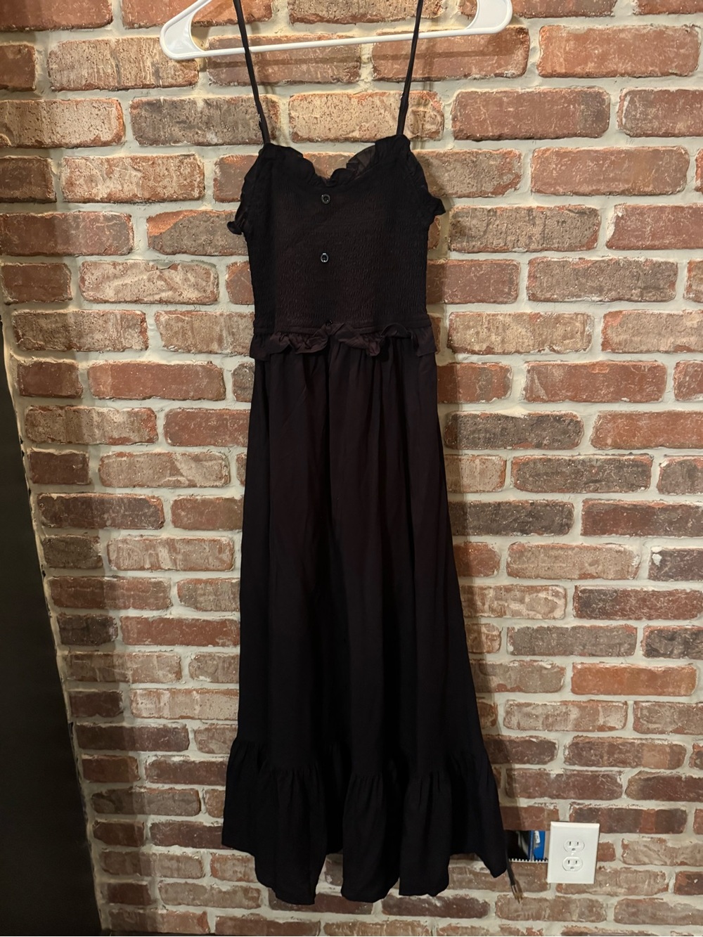 Mikarose Black Smocked Spaghetti-Strap Midi Dress with Ruffle Hem